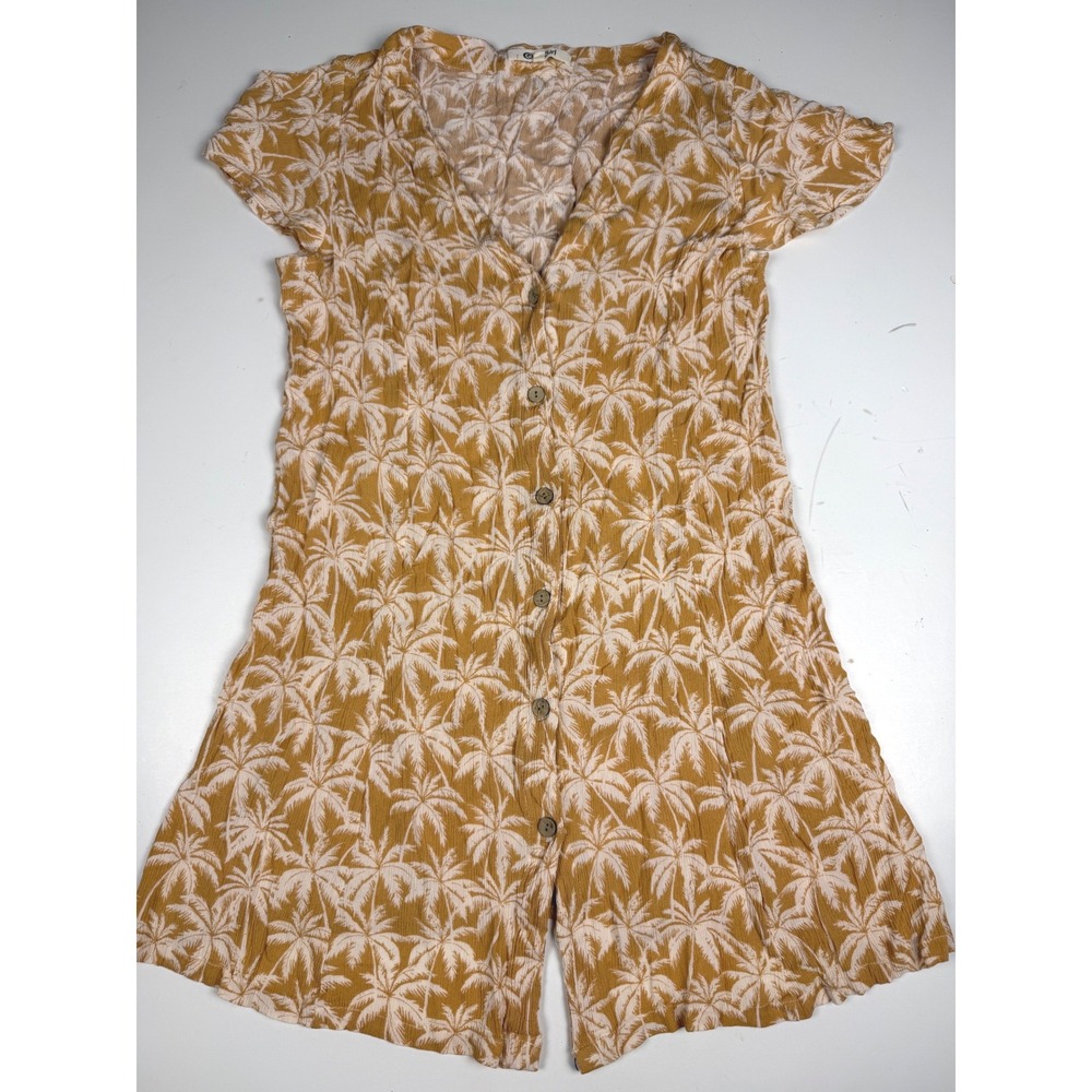 Rip Curl Mustard Yellow Palm Tree Print Button Down Midi Dress Women Size XL